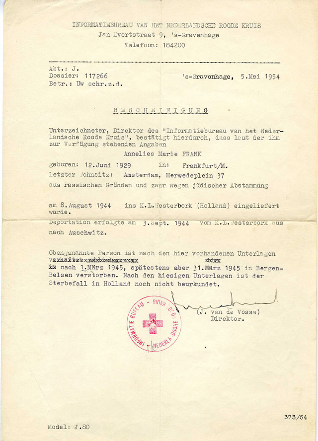 Offizielle Nachricht des Roten Kreuzes vom Tod Anne Franks, 5. Mai 1954.
